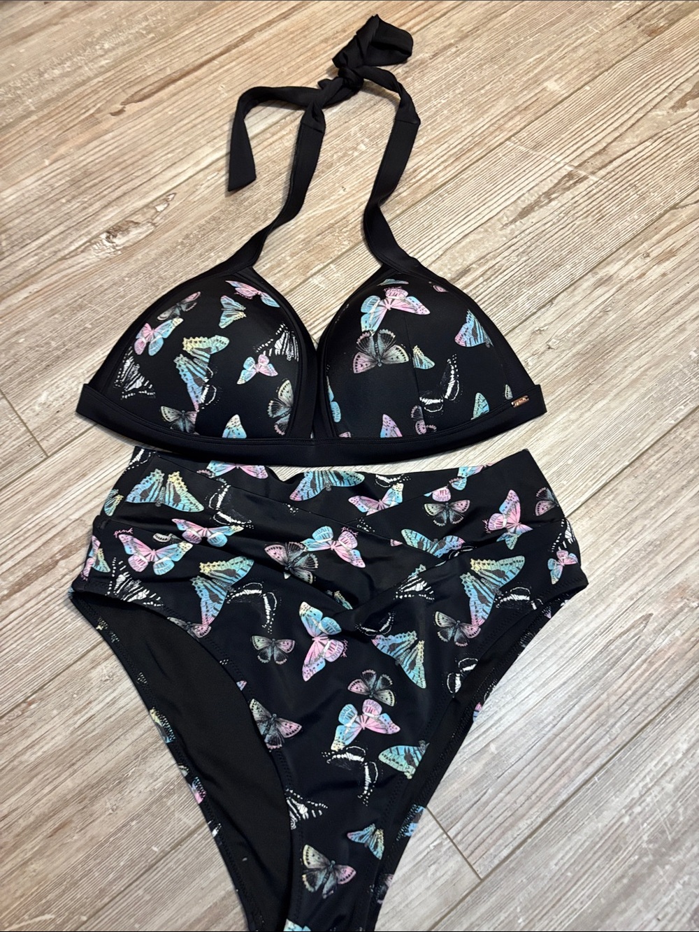 Victoria's Secret PINK Black Bikini with Pastel Butterfly Print